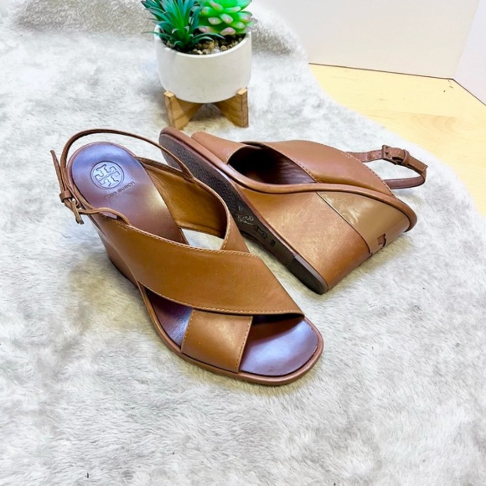 Tory Burch | Brown Gabrielle 10mm Crisscross Logo Royal Leather Wedges Size 8.5
